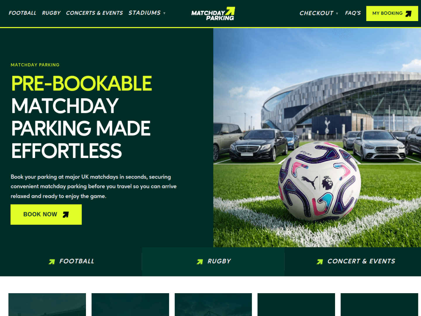 Matchday Parking booking platform homepage, showing its event parking experience